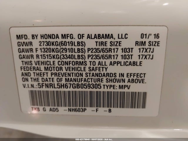 5FNRL5H67GB059305 Honda Odyssey Ex-l