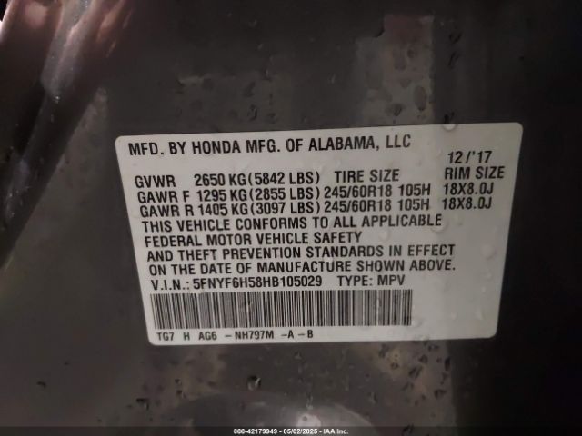 5FNYF6H58HB105029 Honda Pilot Ex-l