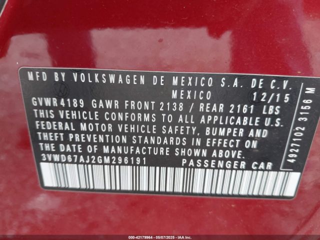 3VWD67AJ2GM296191 Volkswagen Jetta 1.4t Se