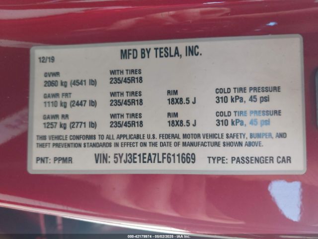 5YJ3E1EA7LF611669 Tesla Model 3 Standard Range Plus Rear-wheel Drive/standard Range Rear-wheel Drive
