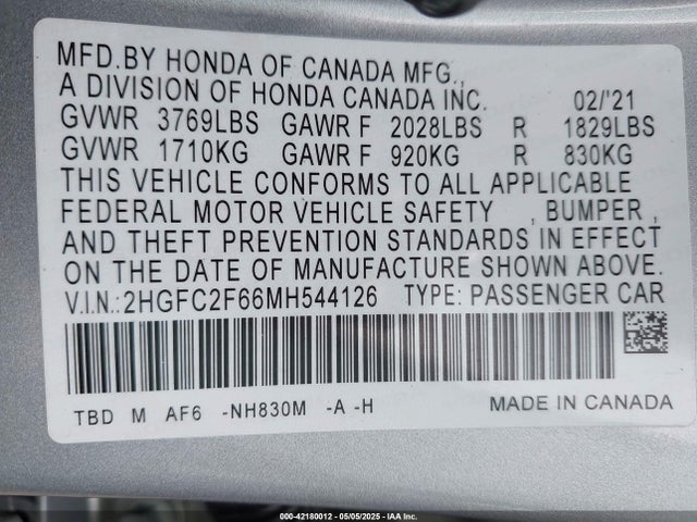 2HGFC2F66MH544126 Honda Civic Lx