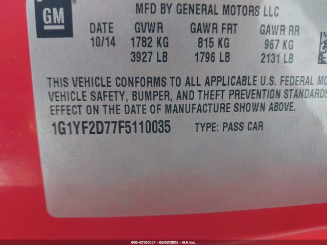 Chevrolet CORVETTE STINGRAY 2015 1G1YF2D77F5110035 Image 9