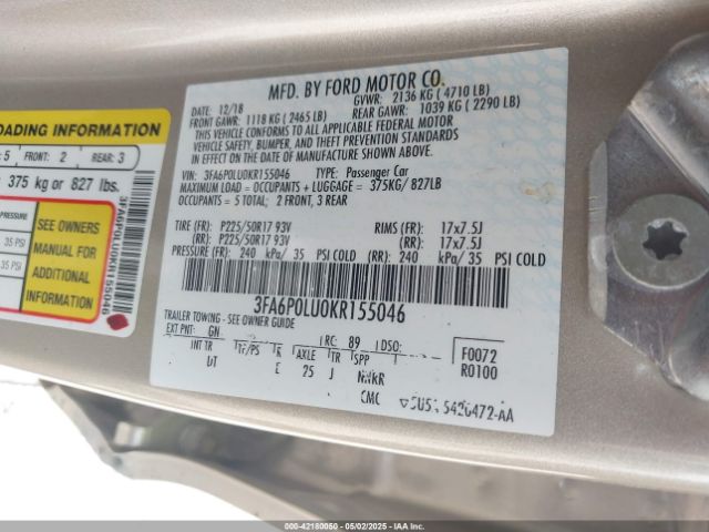 3FA6P0LU0KR155046 Ford Fusion Hybrid Se