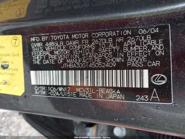Aukcja sprzedaży 2004 Lexus Es 330, vin: JTHBA30G145052409, numer aukcji: 42180095
