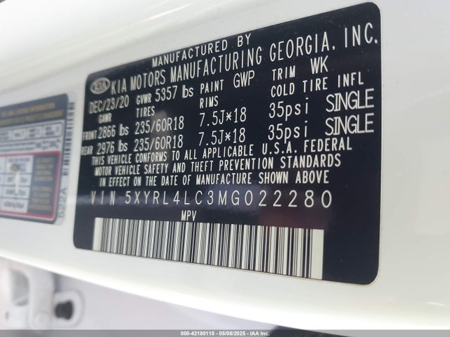 5XYRL4LC3MG022280 KIA SORENTO S