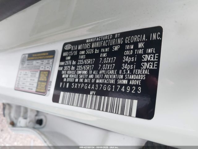 5XYPG4A37GG174923 KIA Sorento 2.4l Lx