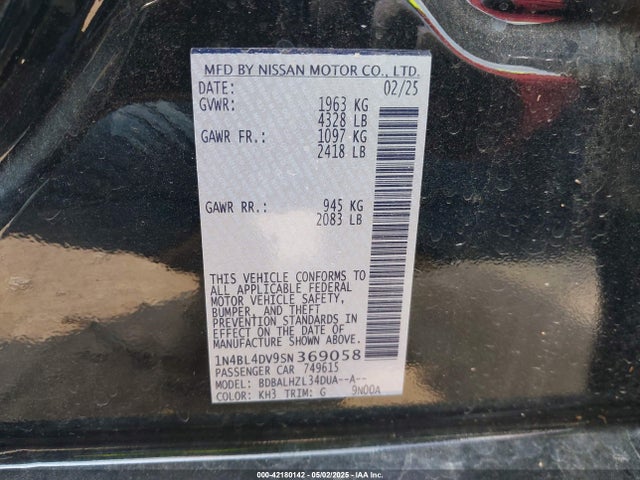 1N4BL4DV9SN369058 Nissan Altima Sv Fwd
