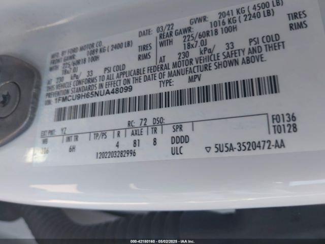 1FMCU9H65NUA48099 Ford ESCAPE SEL