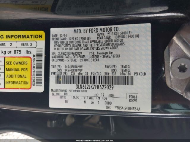 3LN6L2JK7FR622029 Lincoln MKZ