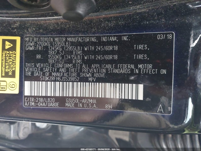 5TDKZRFH6JS539852 Toyota Highlander Xle