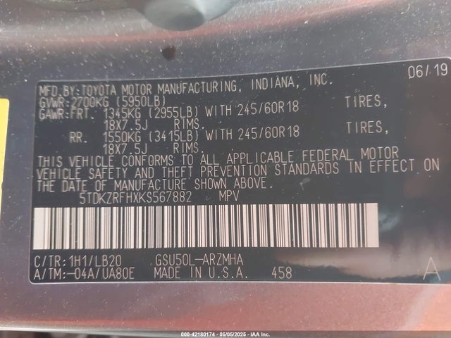 5TDKZRFHXKS567882 Toyota Highlander Xle