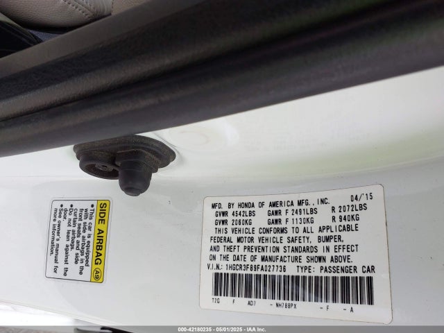 42180235 :رقم المزاد ، 1HGCR3F89FA027736 vin ، 2015 Honda Accord Ex-l V-6 مزاد بيع