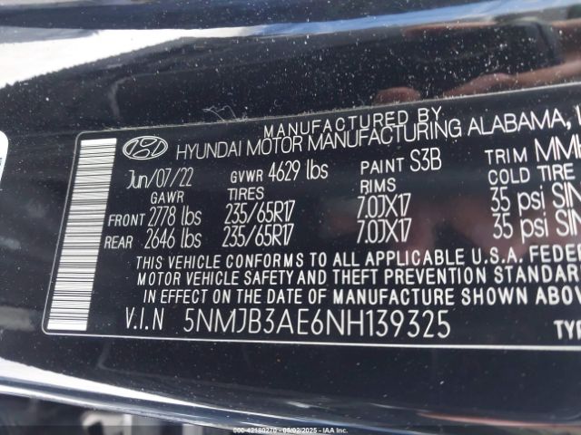 5NMJB3AE6NH139325 Hyundai TUCSON SEL