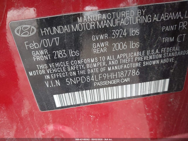 5NPD84LF9HH187786 Hyundai Elantra Value Edition