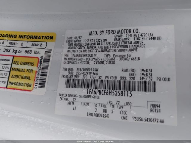 1FA6P8CF6H5358115 Ford Mustang Gt Premium
