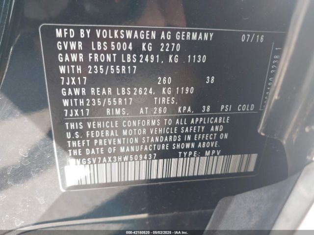 WVGSV7AX3HW509437 Volkswagen Tiguan 2.0t Wolfsburg Edition
