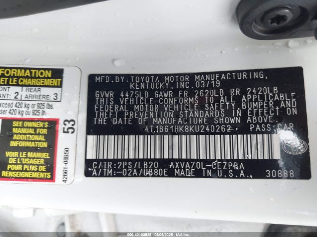 4T1B61HK8KU240262 Toyota CAMRY XSE