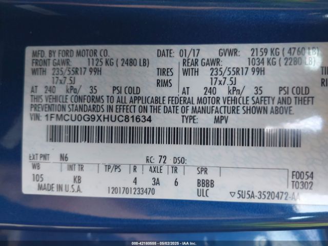1FMCU0G9XHUC81634 Ford ESCAPE SE