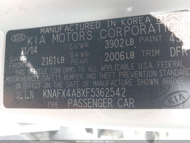 KNAFX4A8XF5362542 KIA FORTE EX