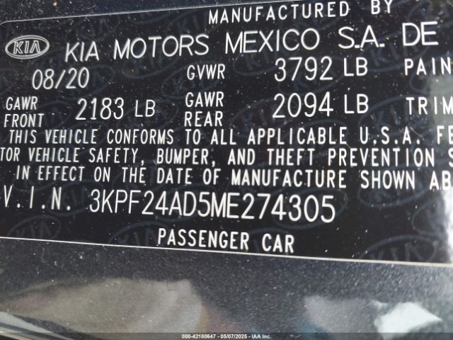 3KPF24AD5ME274305 KIA Forte Lxs