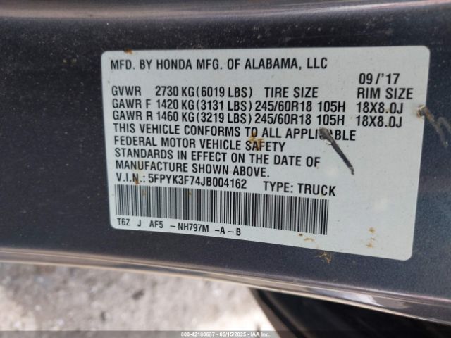 5FPYK3F74JB004162 Honda Ridgeline Rtl-e