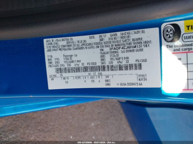 3FADP4EJ6HM157181 Ford 1.6l ti-vct premium fuel