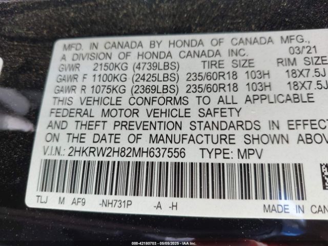 2HKRW2H82MH637556 Honda Cr-v Awd Ex-l