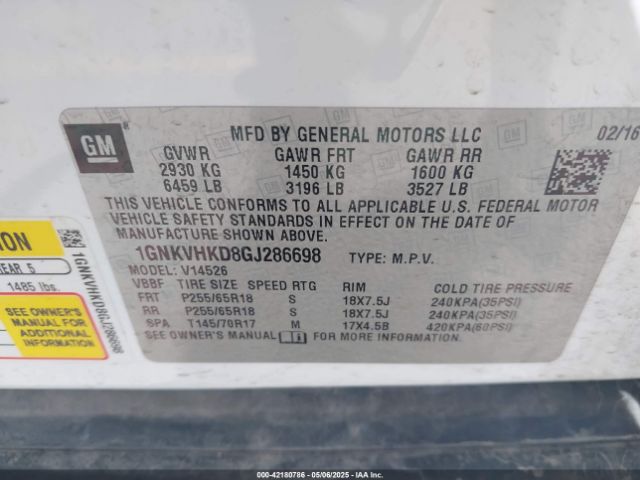 1GNKVHKD8GJ286698 Chevrolet Traverse 2lt