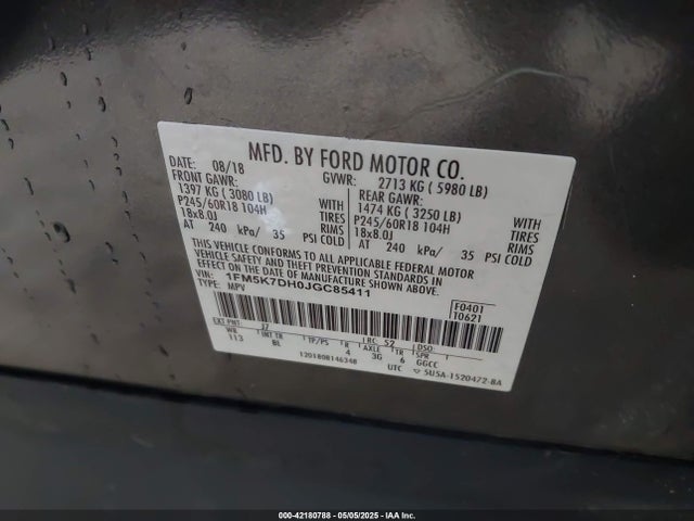 1FM5K7DH0JGC85411 Ford 2.3l gtdi