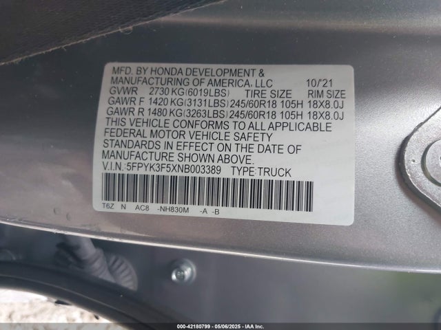 5FPYK3F5XNB003389 Honda Ridgeline Rtl