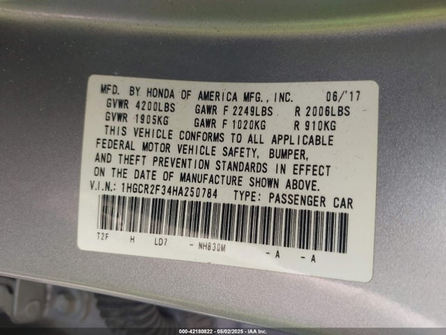 Honda k24w1 2017 1HGCR2F34HA250784 Image 9