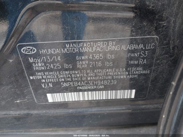 5NPEB4AC3EH948239 Hyundai SONATA GLS
