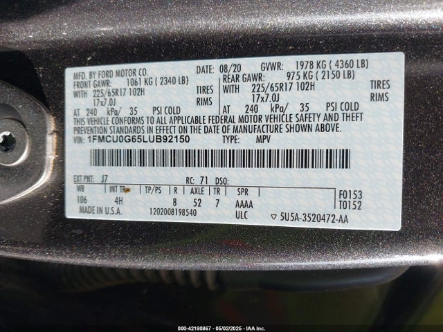 1FMCU0G65LUB92150 Ford 2020