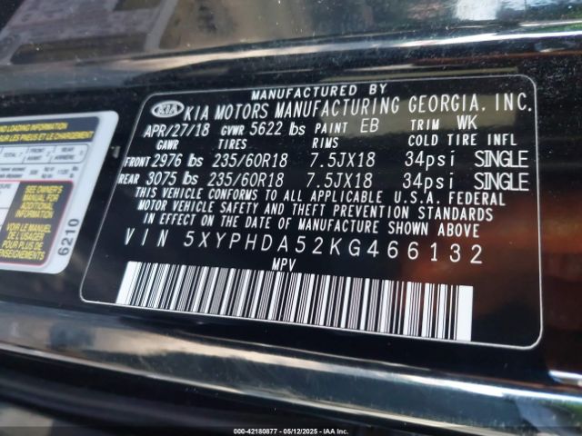 5XYPHDA52KG466132 KIA Sorento 3.3l Ex