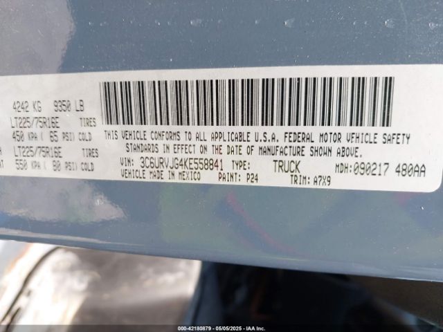 3C6URVJG4KE558841 RAM Promaster 3500 Cargo Van High Roof 159 Wb Ext