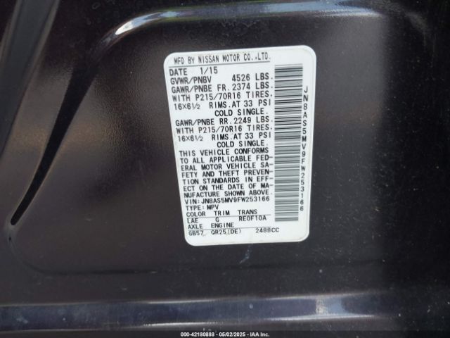 JN8AS5MV9FW253166 Nissan Rogue Select S