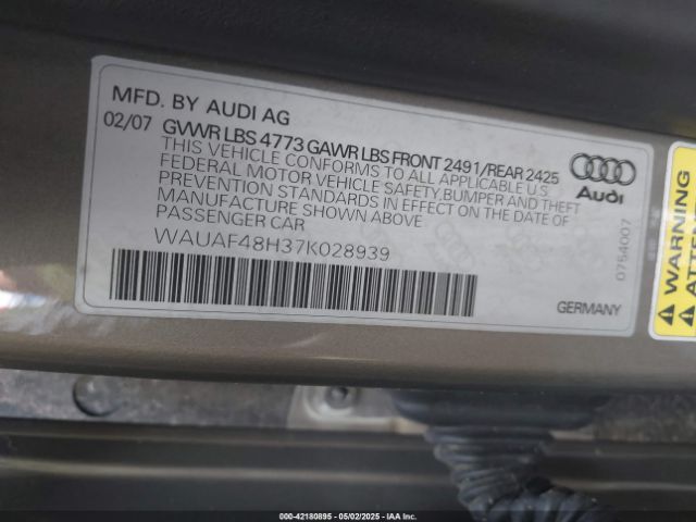 2007 AUDI A4 WAUAF48H37K028939 Photo 8