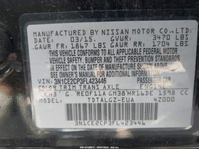 3N1CE2CP3FL423446 Nissan Versa Note Sr
