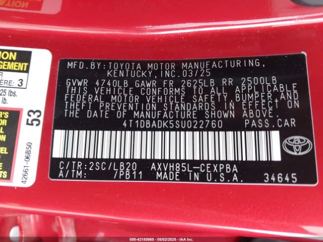 4T1DBADK5SU022760 Toyota a25a-fxs