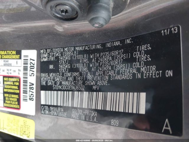 5TDYK3DC0ES436502 Toyota Sienna Xle V6 8 Passenger