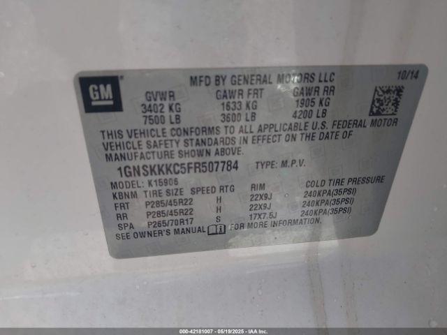 1GNSKKKC5FR507784 Chevrolet Suburban 1500 Ltz