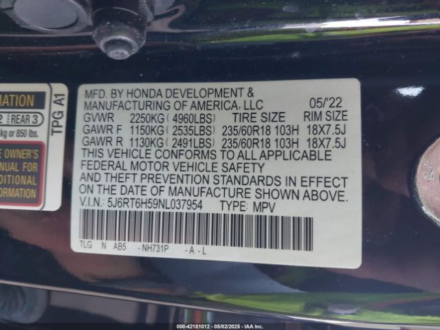 5J6RT6H59NL037954 Honda Cr-v Hybrid Ex