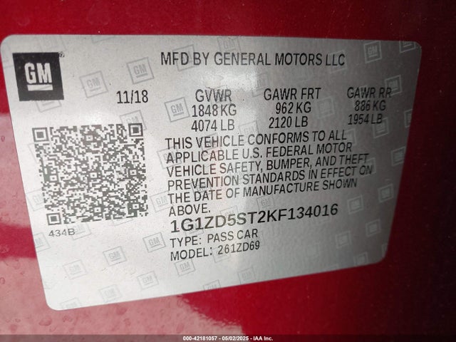 1G1ZD5ST2KF134016 Chevrolet lfv - direct injection, variable valve timing, gen 1