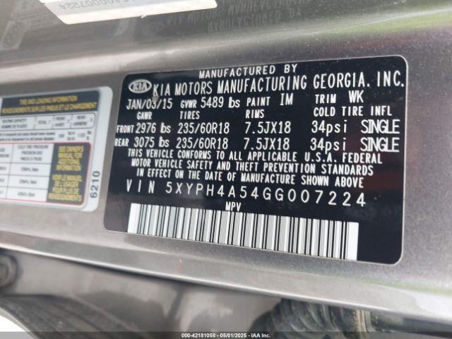 5XYPH4A54GG007224 KIA Sorento 3.3l Ex