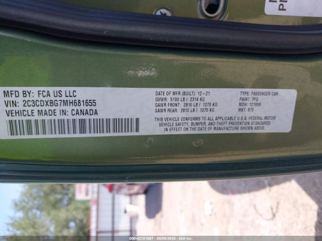 2C3CDXBG7MH681655 Dodge Charger Sxt Rwd