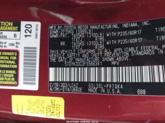 5TDYK3DC3FS566341 Toyota Sienna Xle 8 Passenger
