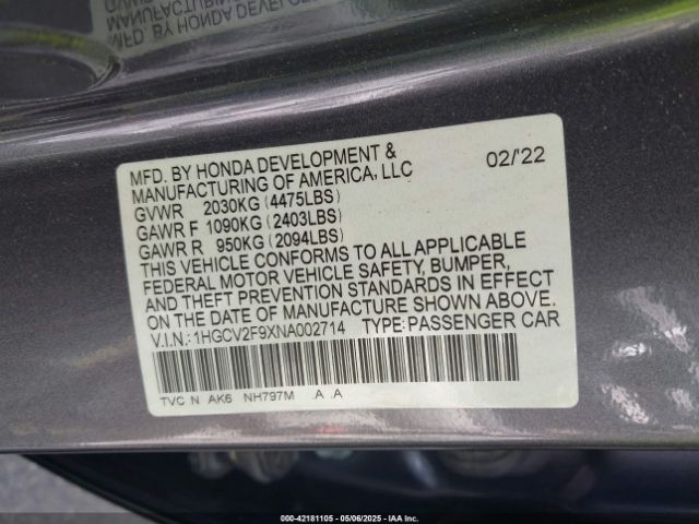 1HGCV2F9XNA002714 Honda Accord Touring