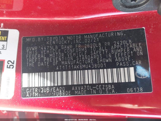 4T1T11AK6MU438001 Toyota CAMRY SE