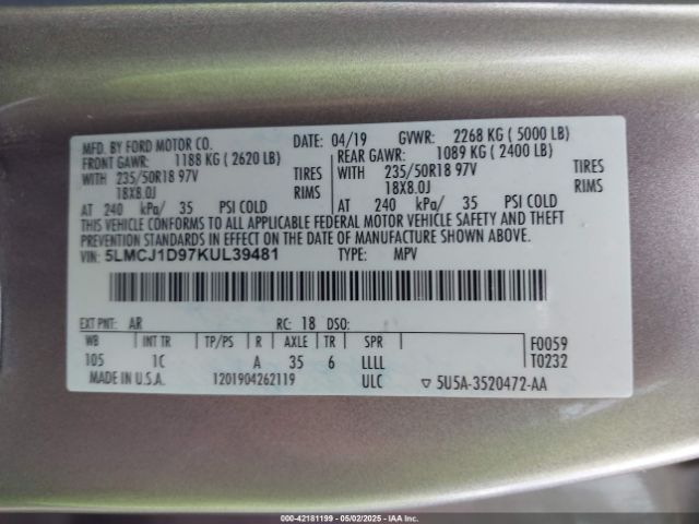 5LMCJ1D97KUL39481 Lincoln Mkc Standard