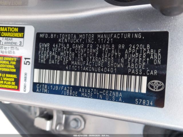 2022 TOYOTA CAMRY 4T1C11AK0NU640401 Photo 8